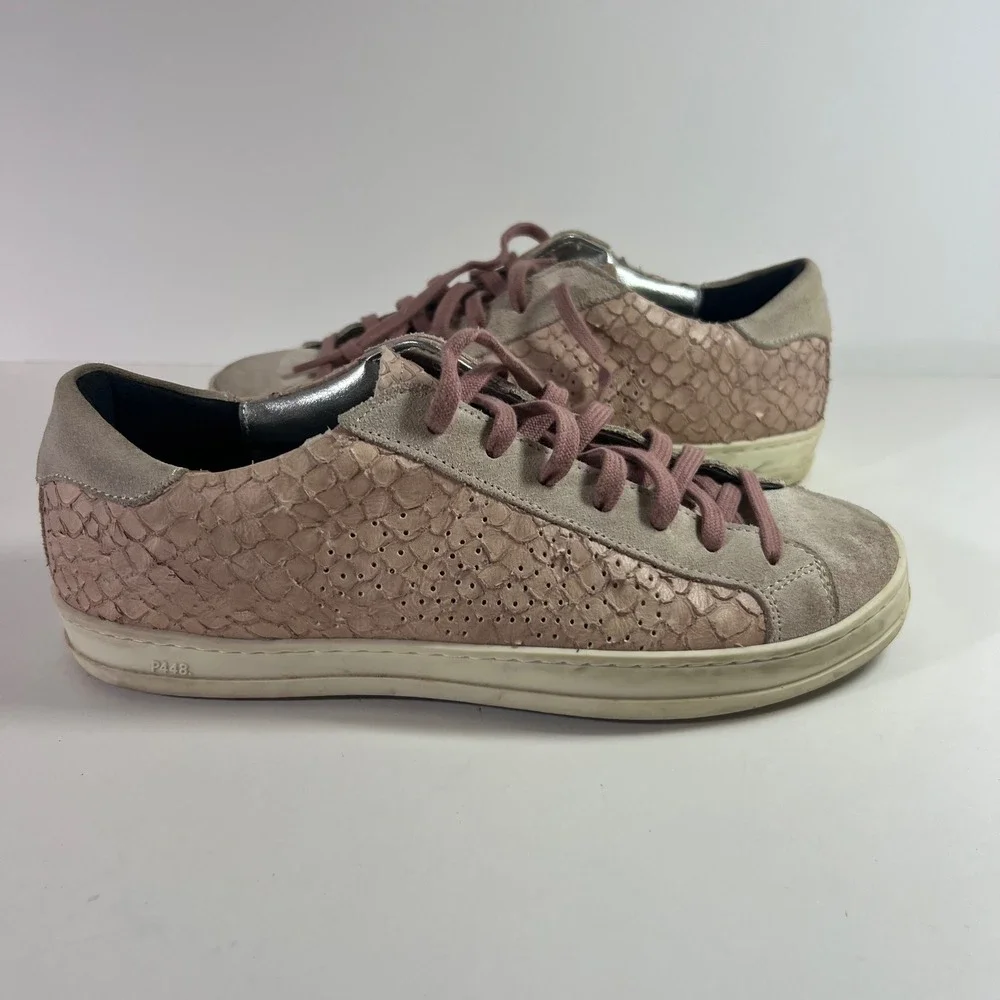 P448 Python John Leather Suede Snake Embossed Sneakers 38 Pink Made in‎ Italy
